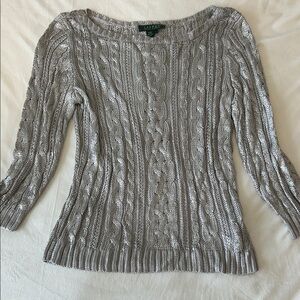 Lauren Ralph Lauren Metallic Silver Cable Sweater L Lux +++